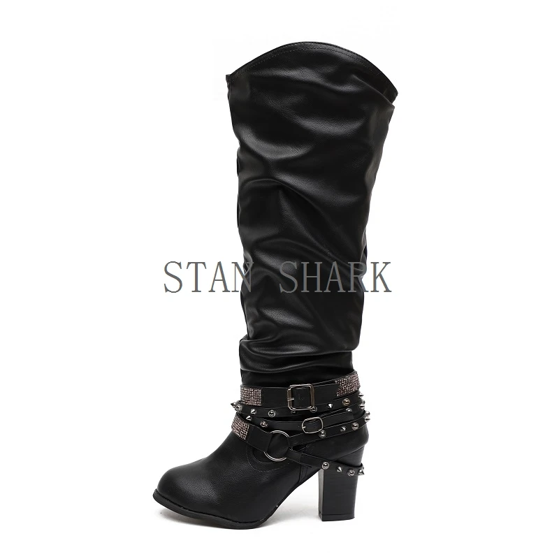 STAN SHARK/новые модные ботинки в стиле панк готик с круглым носком и ремешком женская обувь на высоком каблуке со стразами сапоги до колена mujer zapatos