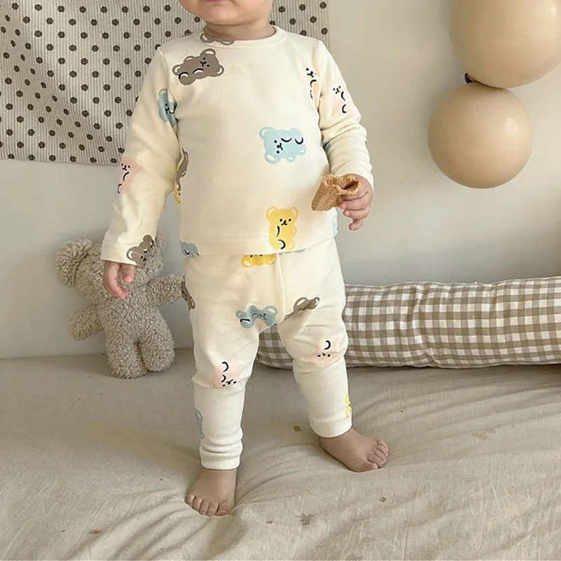 Colorful Bear Baby Pajama Set Spring Bodysuit and Pants
