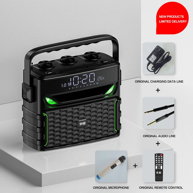 SOAIY Q23 FM динамик 13 дюймов Bluetooth пульт дистанционного управления беспроводной портативный микрофон Часы светодиодный FM Открытый Сад Пикник вечерние сабвуфер