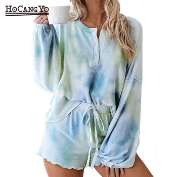 

2020 New Autumn Casual Womens Printed Pajamas Set Long Sleeve Tops and Shorts Pajamas Set Loungewear Nightwear Sleepwear Clothes