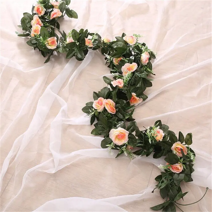 Champagne Free Shipping 240cm High Density Artificial Flower Vine, Fake Tea Rose Vines, Wedding Decor, Fake Flowers Rattan String Garden - Цвет: Champagne