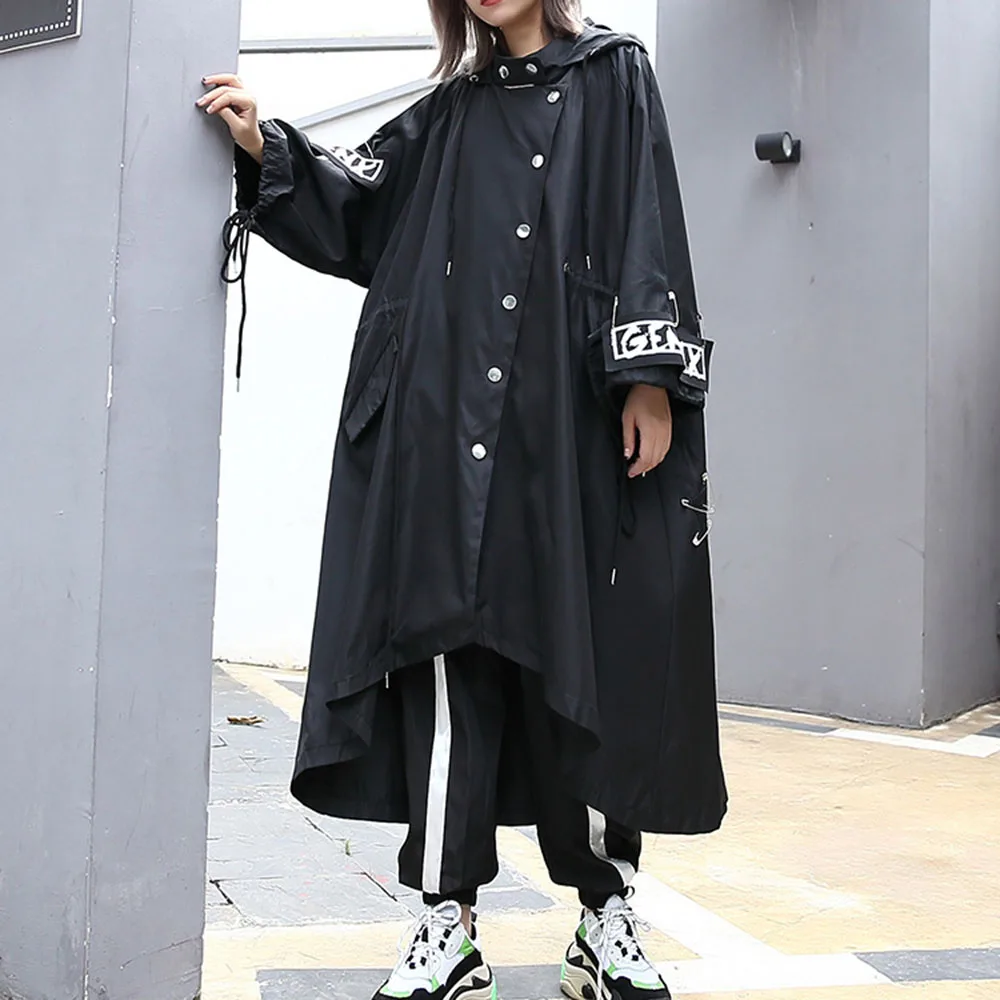 Korea Punk Long Loose Black Trench Coat Women Goth Batwing Sleeve Overcoat Autumn Winter Streetwear Oversize Outwear Jacket
