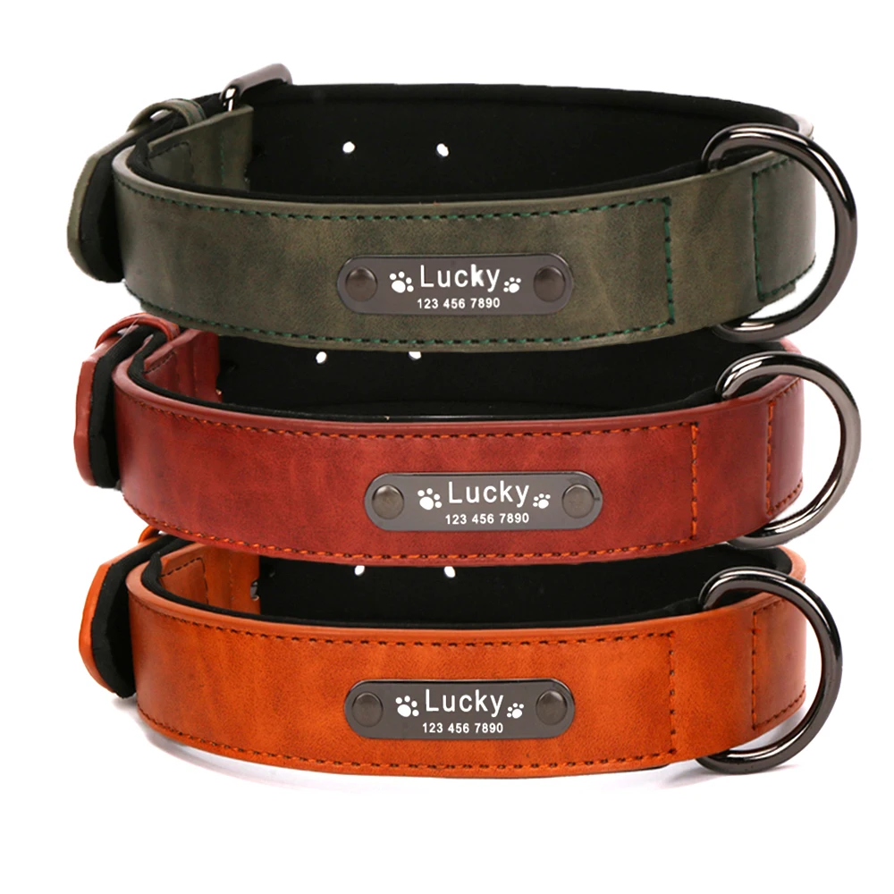 Engrave Name Dog Collar Leather Personalized Luxury Designer Small Dog Collar for Big Large Dogs Collar And Leash Dog Accessorie