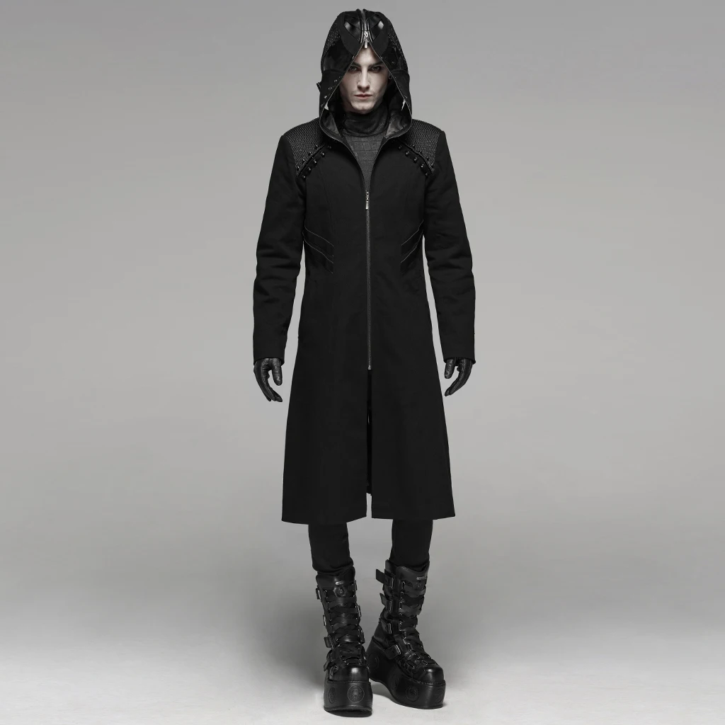 

PUNK RAVE Men's Punk's Weird Coat Micro-Elastic Twill Imitation Leather Personality Unique Winter Black Long Jackets