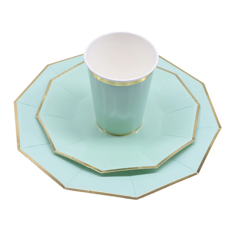24pcs/set Green Pink Blue Paper Plates Cups Disposable Tableware Set for Wedding Birthday Party Baby Shower Supplies Gold Decor