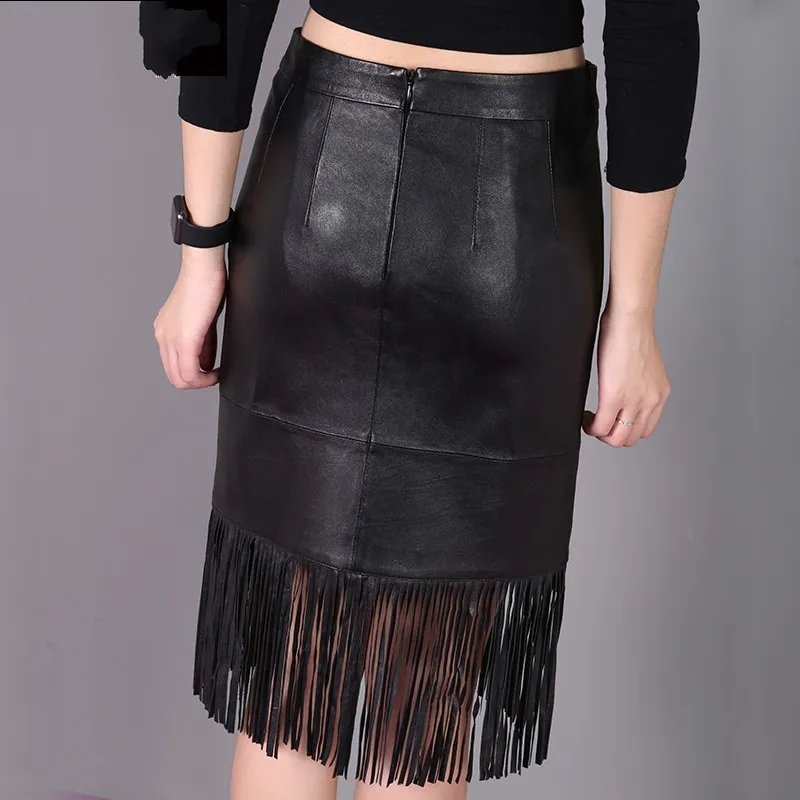Spring New Fashion Women Tassel Knee Length Skirts Genuine leather Streetwear Casual Solid Blak Natural Sheepskin High Waist