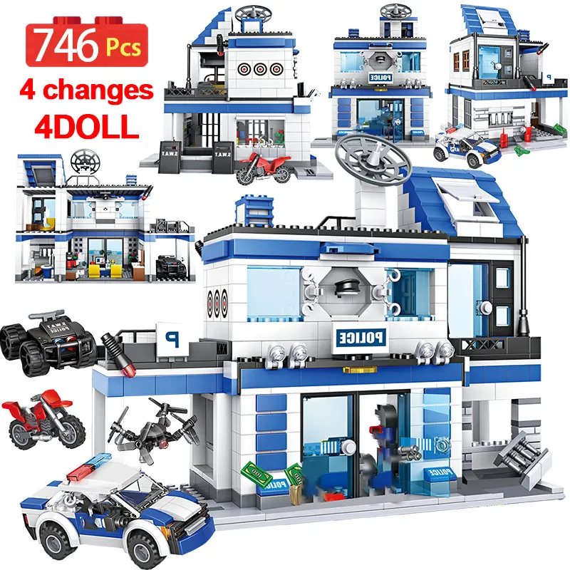 

746PCS Military WW2 Building Blocks Legoing City Police Station SWAT Helicopter Car Team 4 IN 1 Bricks Educational Toys for Kids