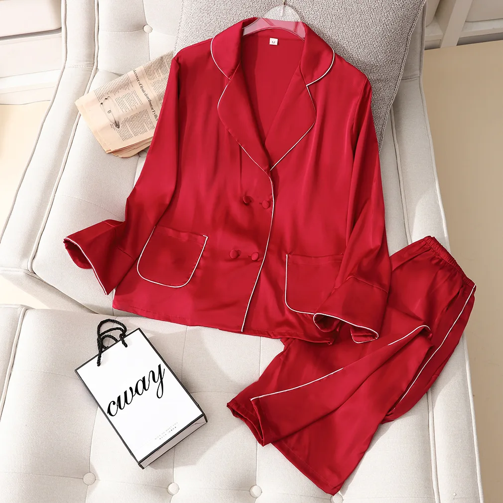 Fdfklak 2 Piece Spring Summer Women Sleepwear Ice Silk Satin Pajamas Set Long Sleeve Sleepwear Pajamas Suit Female Homewear