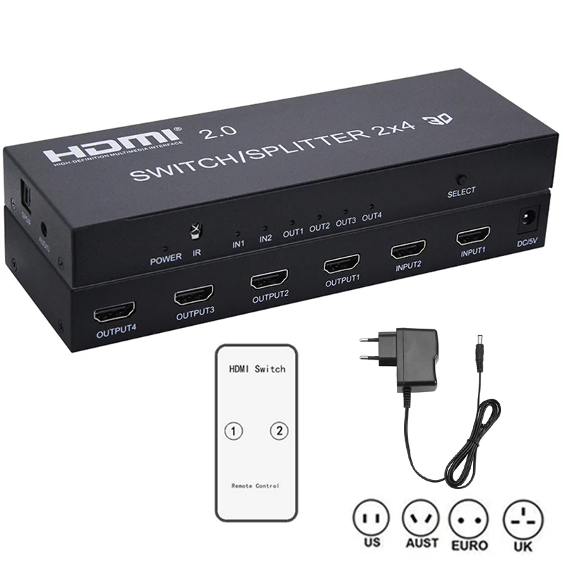 4K HDMI 2 in 4 out 2.0 HDMI Switch Splitter 2x4 SPDIF 3.5mm Audio Extractor Converter Adapter Remot