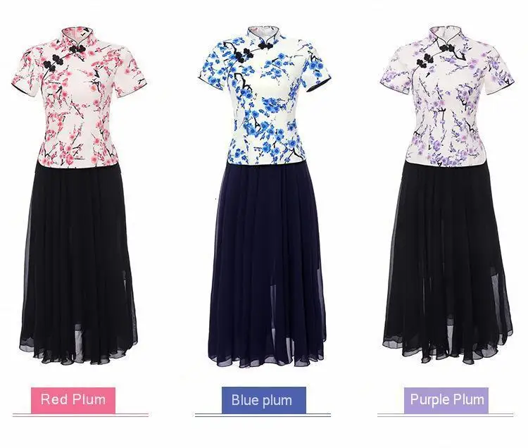 S-4XL Plus Size Chinese Tops Shirts Blue Printing flowers Chinese Tops Woman Pink Shirt Tops Clothing