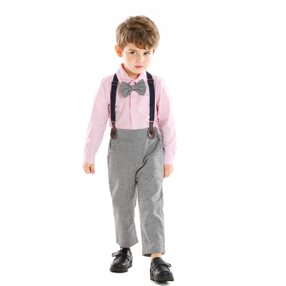 Tem Doger 2020 Children's Clothing Boys Formal Gentleman Sets 2Pcs Long sleeve Bowtie Shirts + Suspenders Trousers Kids suits images - 6