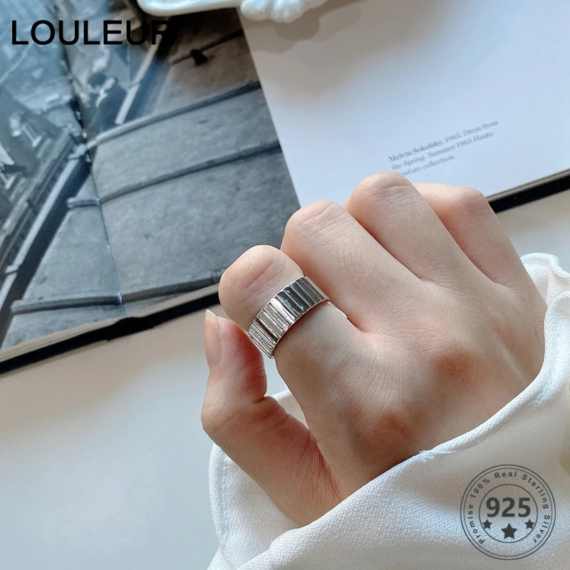 LouLeur настоящее кольцо из серебра 925 пробы, Минималистичная линия, высокое качество, широкие кольца для женщин, повседневные, офисные, вечерние, модное ювелирное изделие