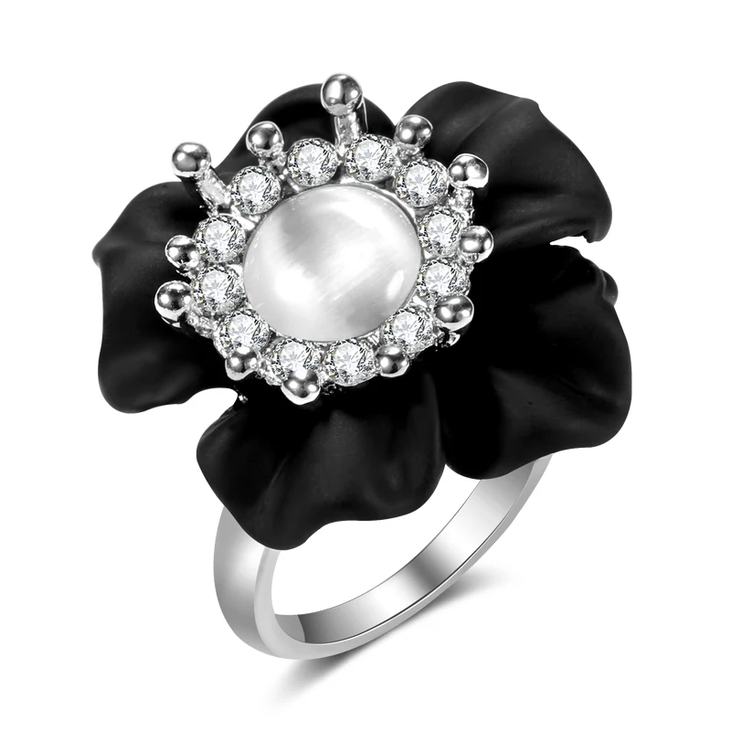 Silver Color Kinel, роскошное, с кристаллами, цветок, большое кольцо для женщин, античное, серебряное, модное, бохо, черная эмаль, опал, кольцо, Винтаж, Свадебная вечеринка, ювелирное изделие - Цвет основного камня: Silver Color