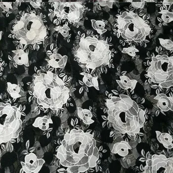 

Beautiful Black/White Mesh Yarn Lace Fabric Rose Flower Embroideried Lace Soft Stretch Net Fabric DIY Sewing Women Wedding Dress