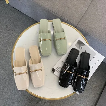 

2020 Mule Women Summer Low Heel Slippers Patent Leather Square Toe Slides Design Flip Flops Slip On Shoes Loafers Zapatos Mujer