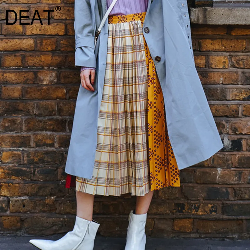 DEAT новая весенняя и летняя модная женская одежда плиссированные Лоскутные трапециевидные юбки с высокой талией WD78607M