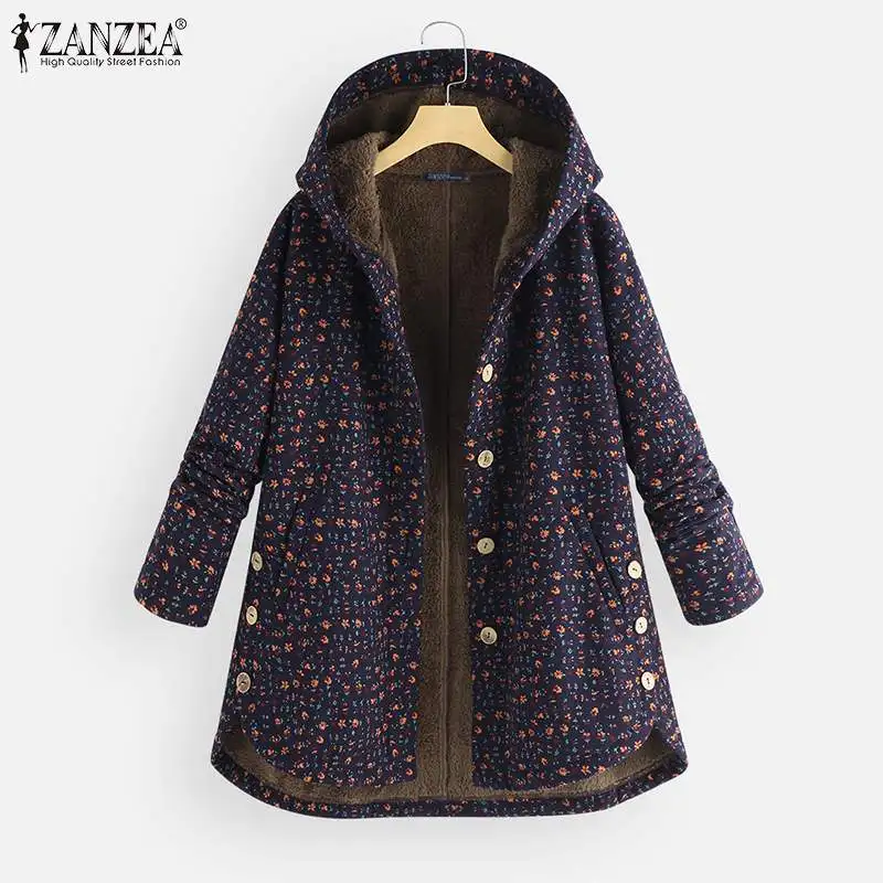 Женские флисовые куртки с принтом ZANZEA Kaftan пальто с капюшоном Повседневная Верхняя одежда на пуговицах женские асимметричные топы Туника большого размера