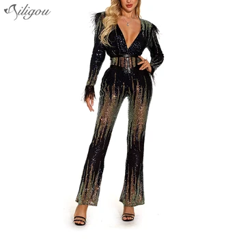 

New Ladies Jumpsuit V-Neck Belt Sequin Feather Jumpsuit Sexy Bodysuit Elegant Club Celebrity Party Jumpsuit Vestidos