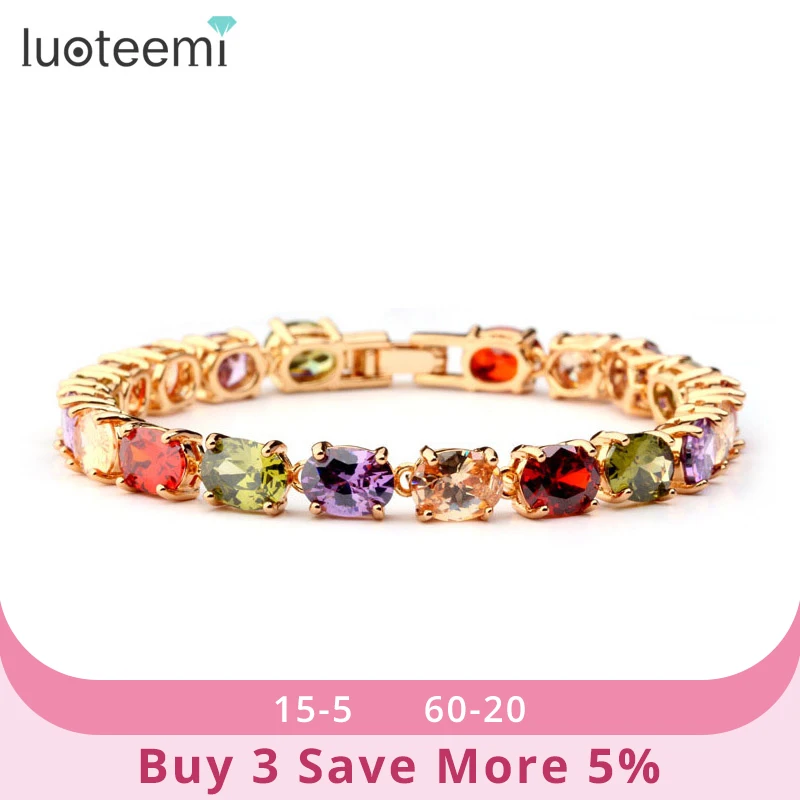 LUOTEEMI Marca Pulsera del Acoplamiento de Cadena Dorado champagne de Color Multicolor Forma AAA Circón Piedra Charm Pulsera para Las Mujeres Joyería