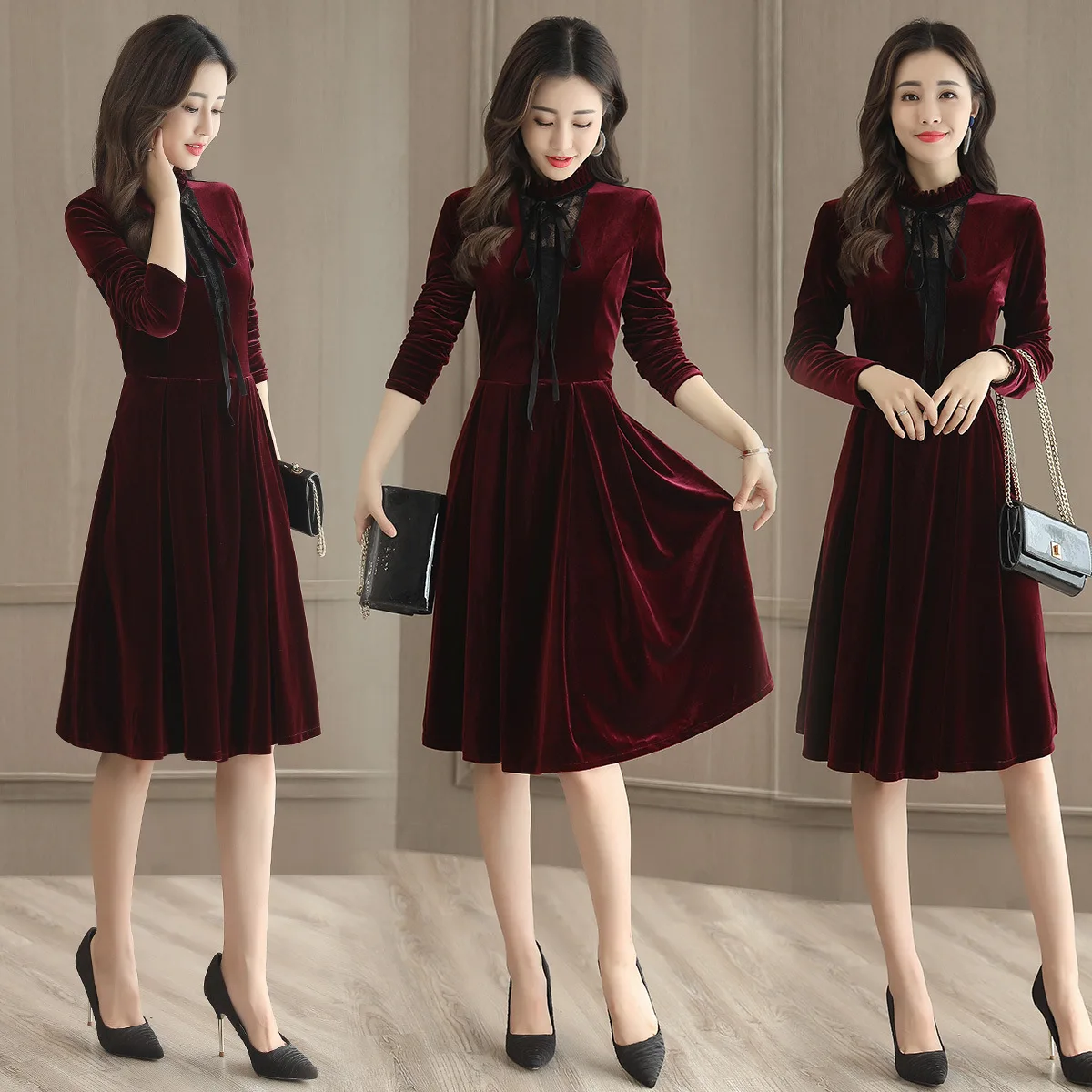 

2019 Autumn New Style Solid Color Dignified Glorious Dress Crew Neck Medium Waist Long-sleeved Pullover Mid-length Explicit