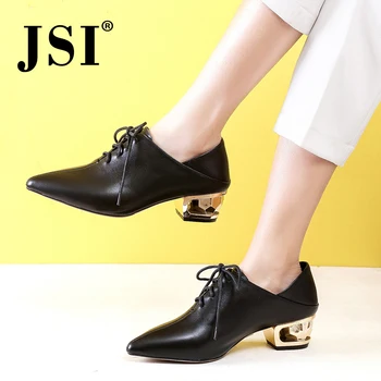 

JSI Women Shoes Pointed Toe Genuine Leather Lace-Up Shallow Ladies Shoes Office And Career Spring Autumn Basic Women Flats jo351