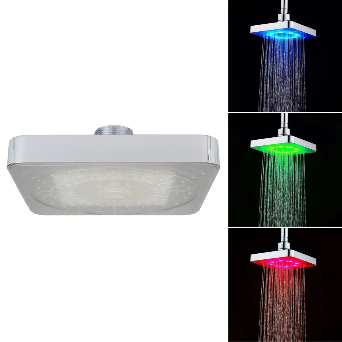 360° Adjustable 6 Inch LED Light Square Rain Shower Head Stainless Steel 3 Color Changing Temperature Control BathroomShowerhead