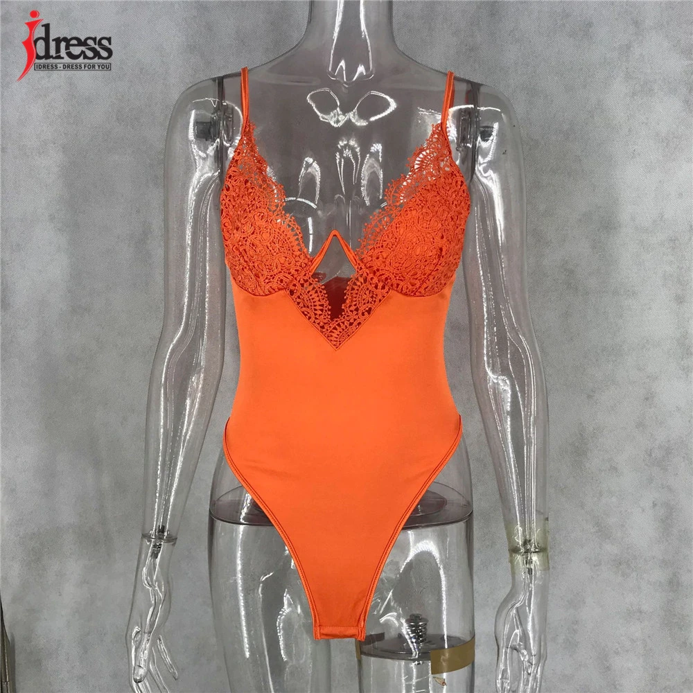 IDress 2020 New Sexy Satin Bodysuit Top Lace Flower Embroidery Body Top Women Skinny V Neck Steel Ring Bodysuit Summer Overalls (1)