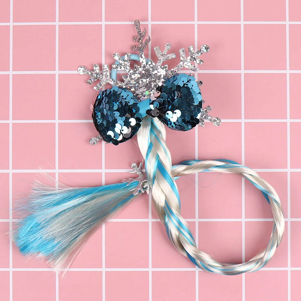 

Children Scrunchies Pigtails Hair Bands for Girls Sequin Snowflake Long Braid Wig Hair Tie Ponytail Holder Hair Accessories