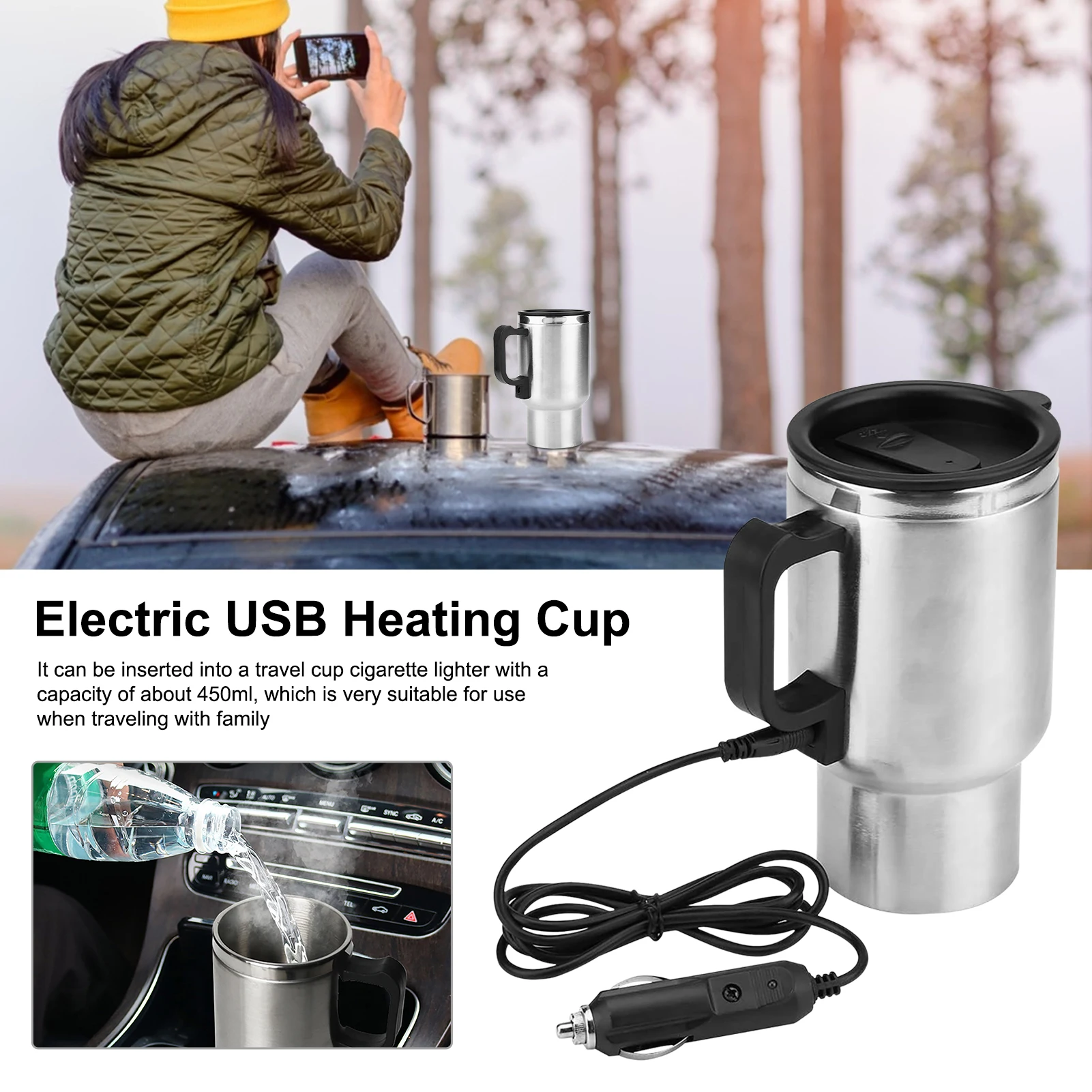 Tasse chauffante en acier inoxydable pour véhicule, bouilloire de voiture  chauffante électrique, tasse thermique pour camping et voyage, eau, café,  lait, 500ml, 12V - AliExpress