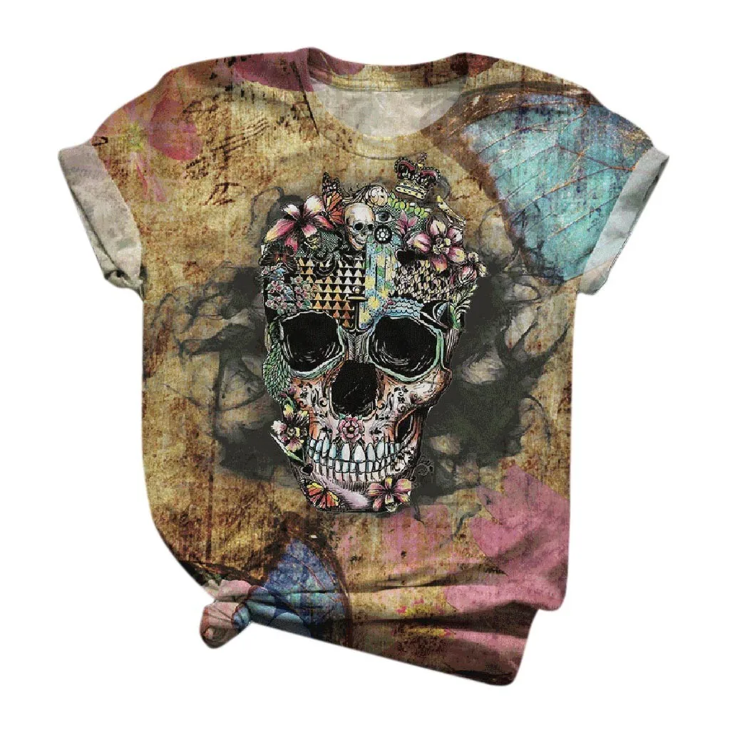 Womens Plus Size Aesthetic T Shirt Short Sleeve 3D Skull Printed O-Neck Tee T-Shirt  summer Tops Camisas Mujer 2020 yellow t shirt