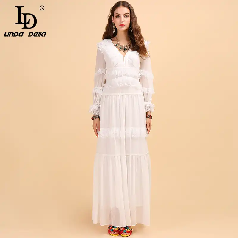 Ld Linda Della Elegante Blanco Solido Maxi Vestido Con Mangas Largas Mujeres Cuello En V De Encaje Patchwork Vestidos De Ocasion Para Fiestas Vestido Aliexpress