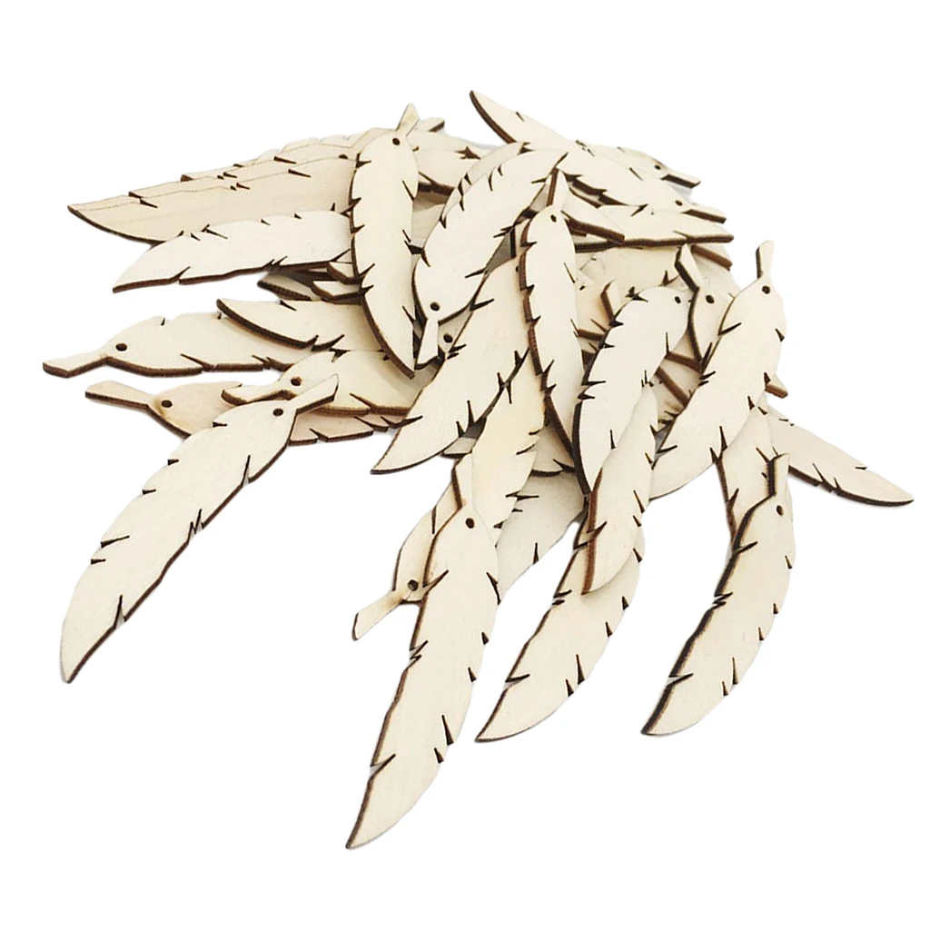 50 Pieces Blank Unfinished Wood Feather Wooden Shapes Embellishment with Hole for DIY Gift Tags Crafts