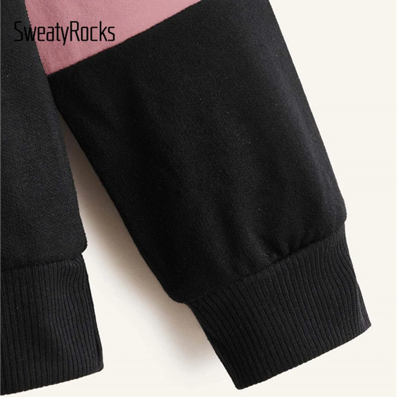 SweatyRocks черный контрастный Леопардовый свитер с круглым вырезом Женские топы осенний пуловер для активного отдыха Повседневный свитер для отдыха