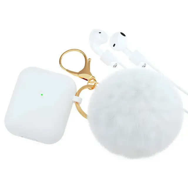 Protective Case multi colors with lost-proof and Keychain hooks lovely hair ball Silicone Bluetooth Earphone For airpods 1 2 1 2white