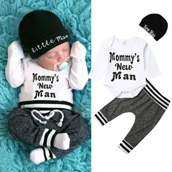 

0-18months Newborn Outfits Baby Boys Clothes Sets Letter Bodysuit Gray Long Leggings Pants Boys Hats Outfits Toddler Apparel Set