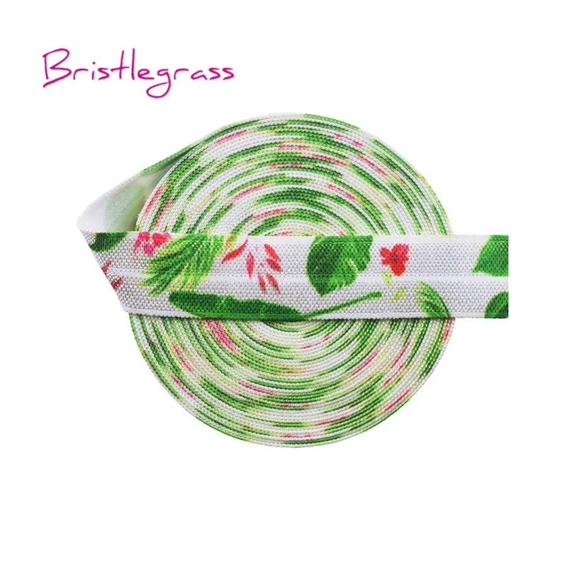 

BRISTLEGRASS 5 Yard 5/8" 15mm Flower Palm Leaf Print Foldover Elastic FOE Spandex Satin Band Kid Headband Dress Lace Trim Sewing