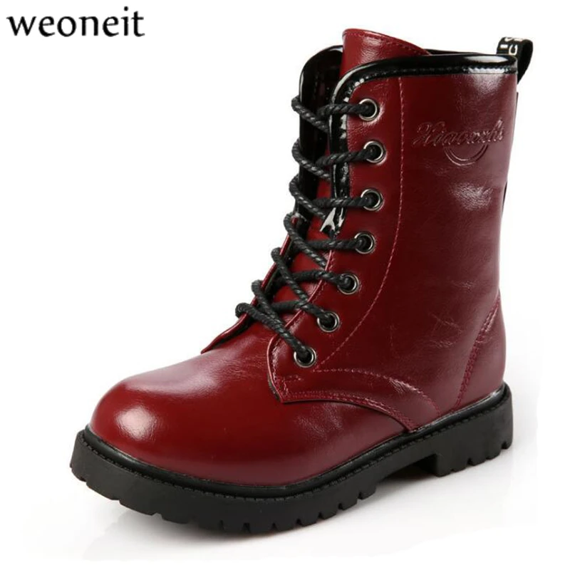 

weoneit 2019 Winter Children Genuine Leather Boots Brand Boys Buckle Shoes Fashion Ankle Martin Boots for Kids Size 27-39