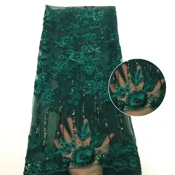 

Green African French Lace Fabric with 3D flowers High Quality African Tulle Lace Fabric with beads Handmade beaded lace fabrics