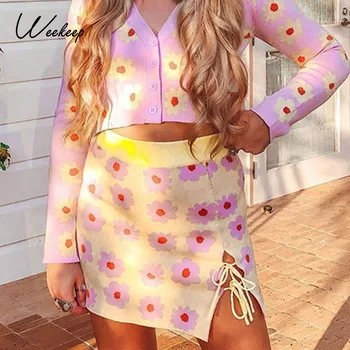 

Weekeep Chic Print Knitted Mini Skirt For Women Streetwear Elastic High Waist A-line Skirts Harajuku Preppy Style Vintage Skirts