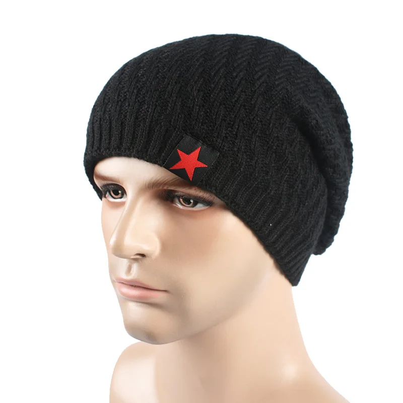 Skullies Beanie Корейская осенняя и зимняя дикая шляпа мужская пятизвездная купольная шерстяная шляпа уличная плюс бархатная вязаная шляпа теплая головная повязка - Цвет: Черный