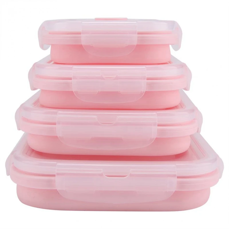 

ABUI-4 Piece Set Pink Food Grade Silicone Lunch Box Folding Eco-Friendly Food Container Bento Box Collapsible Portable Microwave