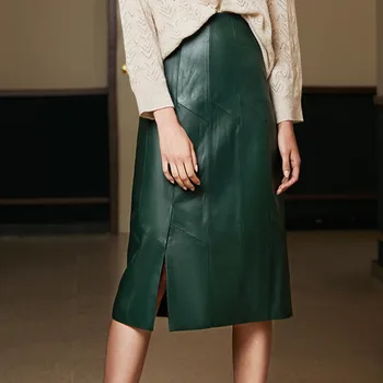 

Genuine Leather Skirt Women Luxury Runway Designer Elegant Natural Real Sheepskin Long A-Line Lady Skirt Female Green Plus Size