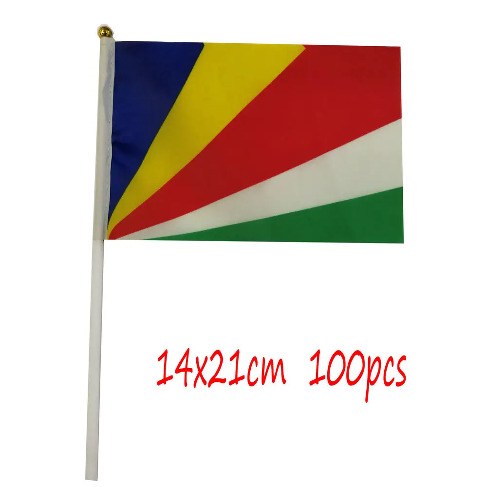 

ZXZ Seychelles hand Flag 100pcs 14*21cm Polyester Double Side Printing Seychelles SC Hand waving Flag with plastic flagpole