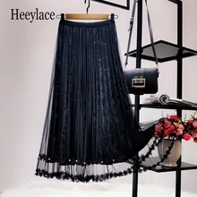 Зимняя бархатная юбка макси с цветочным кружевом и сеткой, Женская плиссированная юбка с высокой талией и оборками, Макси Длинная фатиновая юбка для женщин, юбка миди