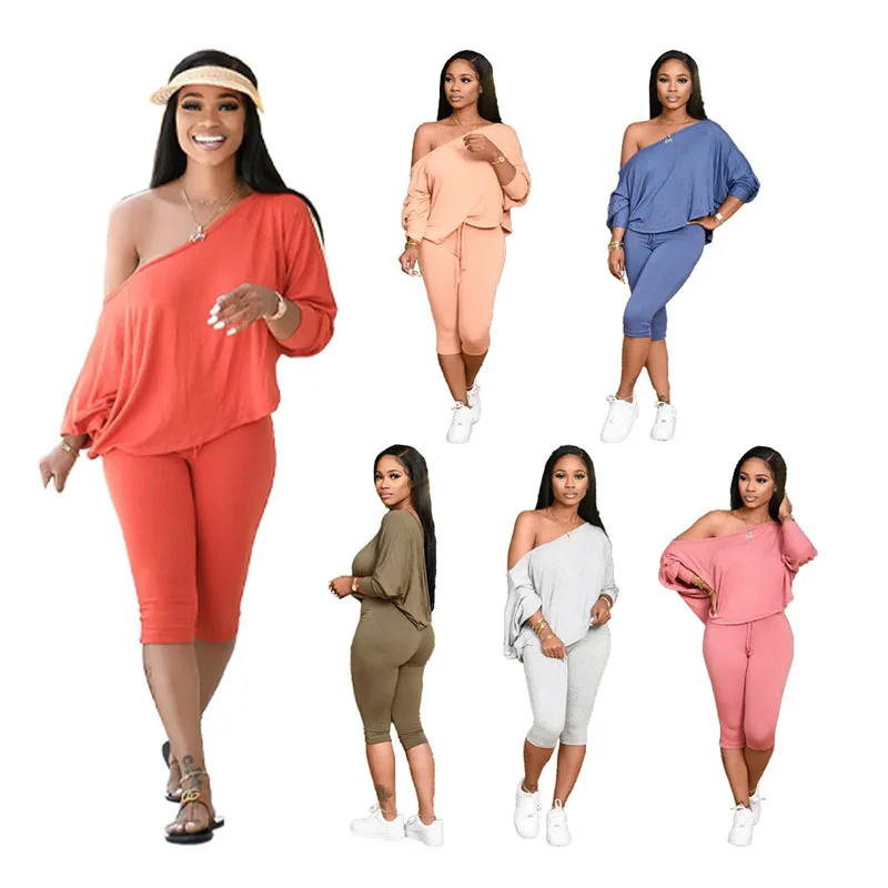 

2020 Autumn Suit Shoulder Loose and Plus-sized T-shirt Pants Two-Piece Set Hot Selling Solid Color Casual Suit
