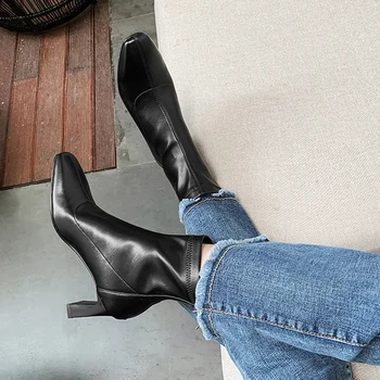 

Microfiber Women Ankle Boots Square Toe Back Zipper High Heels Shoes Woman Autumn/Winter Ladies Short Boots Elastic Boots