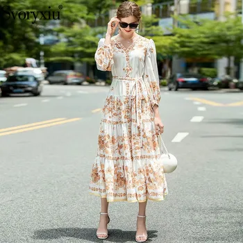 

Svoryxiu New Autumn Winter Runway Vintage Long Dress Women's Fashion V-Neck Lantern Sleeve Flower Print Robe Maxi Dress Vestdios