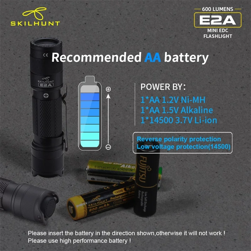 Компактный карманный мини фонарик Skilhunt E2A 14500 / AA 600 люмен светодиодный с ключом