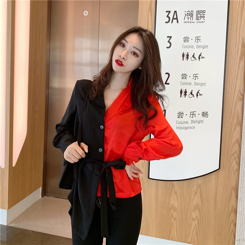 LANMREM Новая летняя модная Осенняя Корейская рубашка с длинными рукавами и отложным воротником контрастная цветная блузка WH50103