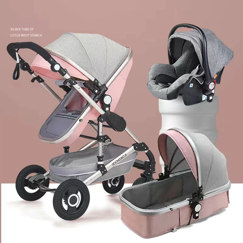 pink and grey car seat and stroller